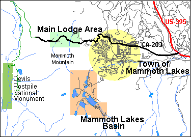 map showing the locations of the town, Mammoth Lakes Basin, and the ski area Main Lodge at Mammoth Lakes in California