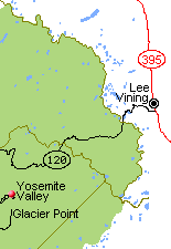 Map of communities along Highways CA-120 and US-395 east of Yosemite National Park that offer lodging accommodations