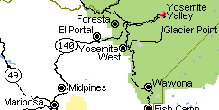 Map of communities along Highway CA-140 west of Yosemite National Park that offer lodging accommodations