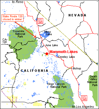 highway map showing the location of Mammoth Lakes in California