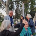 All-Class Dinner on Marston Quad, Friday evening May 2. Stan Hales 64, who became Associate Dean of the College in our day, chatting with Cathy Corison.