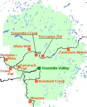 Map showing the location of Yosemite National Park's campgrounds outside Yosemite Valley