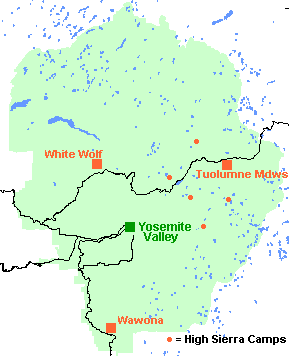 Map showing the location of Yosemite National Park's lodging accommodations outside Yosemite Valley