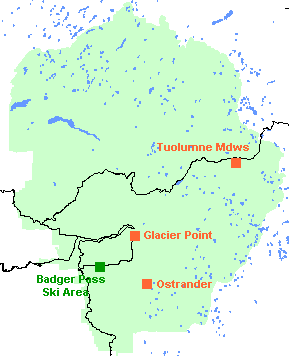 Map showing the location of Yosemite National Park's ski huts