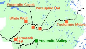 map locating the Tioga Road and Tuolumne Meadows within Yosemite National Park