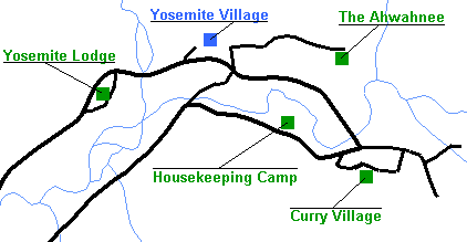 Map showing the location of Yosemite Valley's lodging accommodations