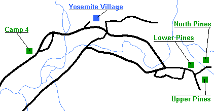 Map showing the location of Yosemite Valley's four campgrounds