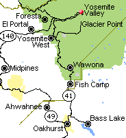 Map of communities along Highway CA-41 near and within Yosemite National Park that offer lodging accommodations