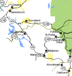 Map of communities along Highway CA-49 west of Yosemite National Park that offer lodging accommodations