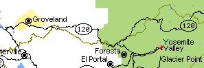 Map of communities along Highway CA-120 west of Yosemite National Park that offer lodging accommodations