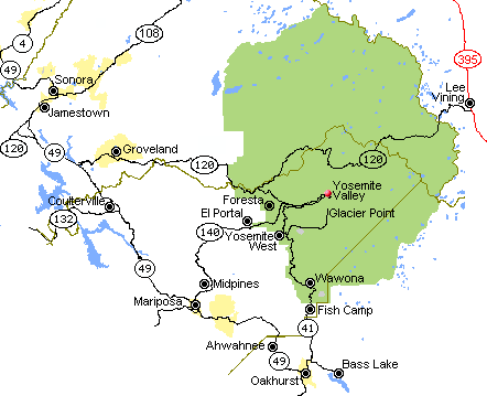 Map of communities near Yosemite National Park that offer lodging accommodations