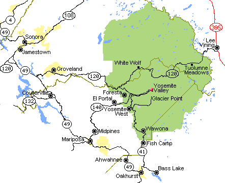 Locations of lodging in and near Yosemite National Park