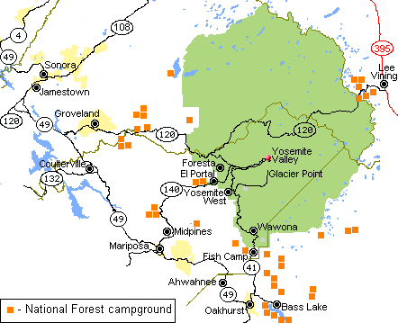 Map of National Forest campgrounds near Yosemite National Park